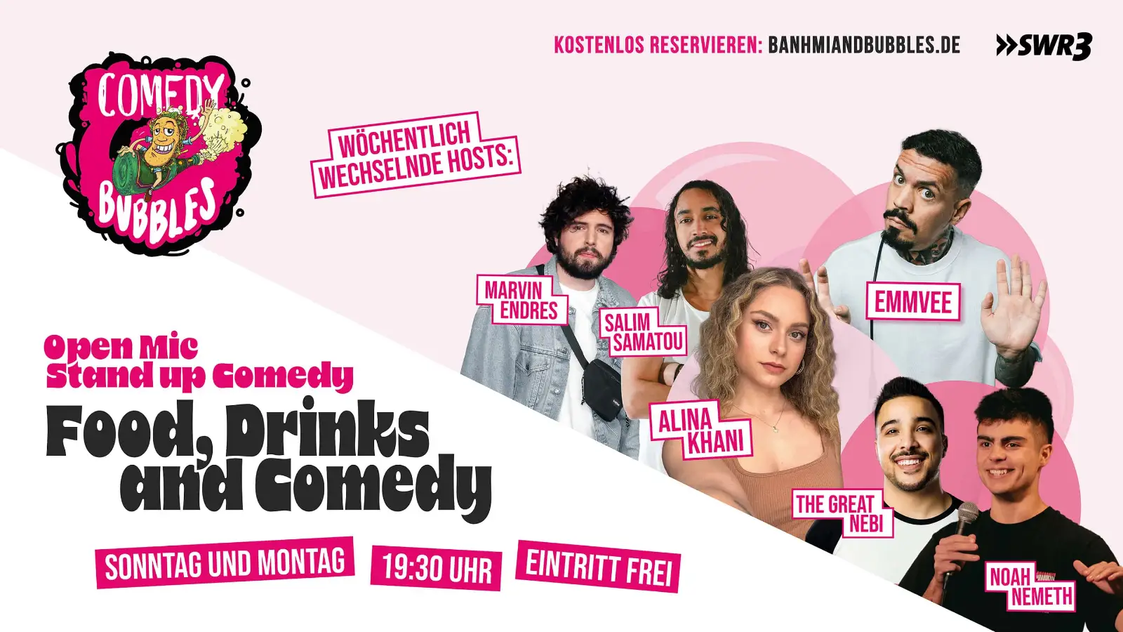 Flyer Comedy Bubbles: Open Mic Stand-up-Comedy sonntags und montags, Eintritt frei